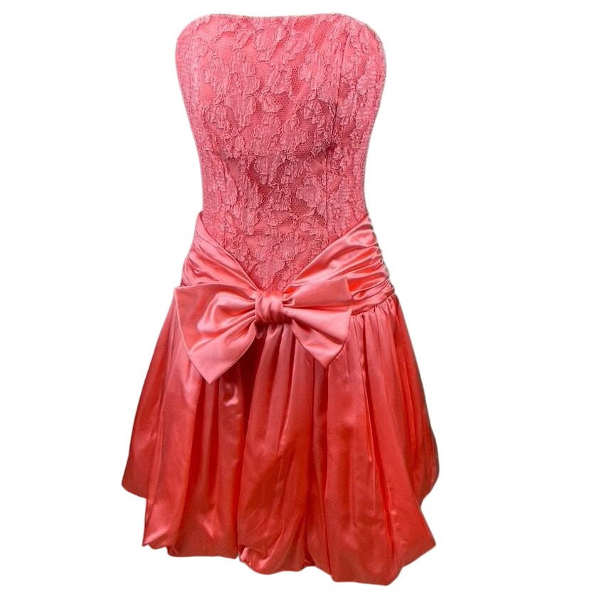 Vintage 80s Scarlett Nite Womens (8) Pink Lace Satin Party Dress Mini Ilgwu Usa